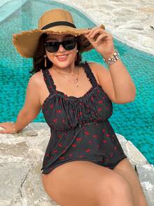 Swim Lushoire Plus Size Women's Summer Beach Vacation Cherry Print Frill Trim Tankini Swimwear - Multicolor - View 4