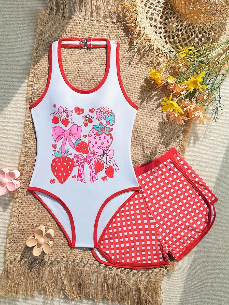 SHEIN Bộ đồ bơi liền thân cổ yếm in hình nơ dâu tây ngọt ngào dành cho bé gái tuổi teen, kèm quần bơi kẻ caro, thích hợp đi biển/nghỉ mát. - Nhiều màu - Xem 1