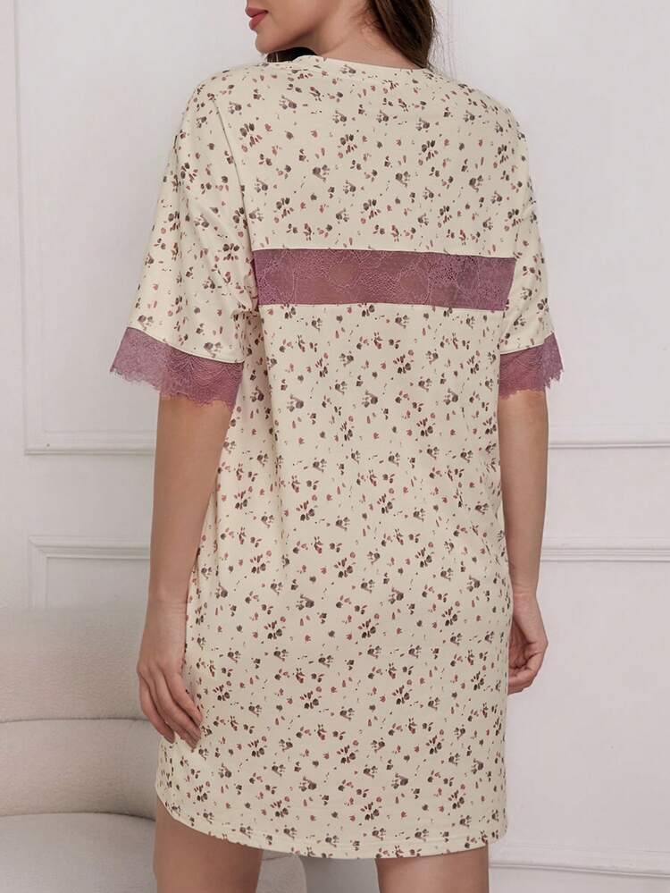 Women's Floral Print Notch Neck Lace Patchwork Short Sleeve Nightgown
