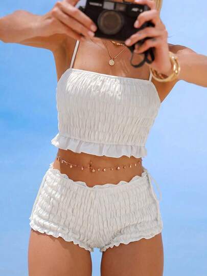 Swim Mod Chiffon Ruffled Bandeau Women's Swimsuit Set, Sweet Girl Bikini Two Pieces, Beach Resort Casual Versatile Female Swimwear, Spring/Summer
