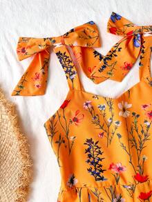 SHEIN Sparklyn 1pc Girls' Summer Boho Holiday Vacation Orange Floral Print Sleeveless Jumpsuit With Detachable Bow,Straight Wide Leg Casual Woven Jumpsuit,Holiday - Yellow - View 4
