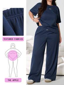 Solflare Plus Size Women 2pcs Set - Round Neck Short Sleeve Top And Wide Leg Pants, Casual Daily Wear - Navy Blue - View 1