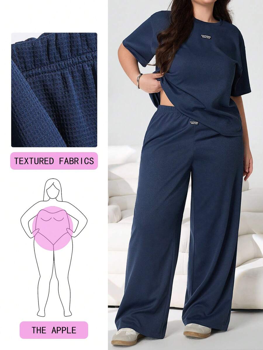 Solflare Plus Size Women 2pcs Set - Round Neck Short Sleeve Top And Wide Leg Pants, Casual Daily Wear - Navy Blue - View 1