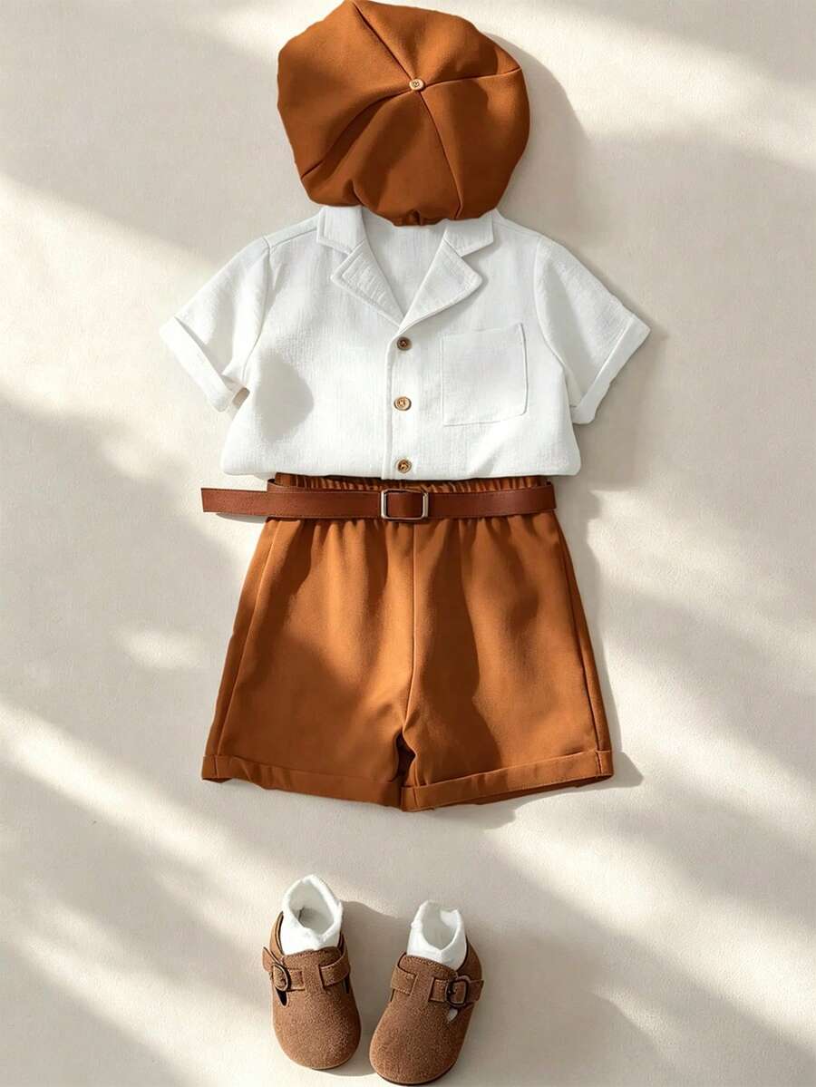 SHEIN 3pcs/Set Boys Outfit, Includes Short Sleeve Polo Shirt, Regular Shorts, And Hat, Suitable For Birthday, Wedding, Graduation Ceremony, Formal Or Casual Occasions, Autumn/Winter - Multicolor - View 1