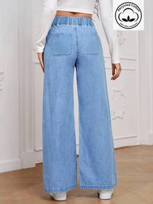 SHEIN PETITE Women's Light Blue Elastic Waist Straight Loose Casual Versatile Jeans - Blue - View 2