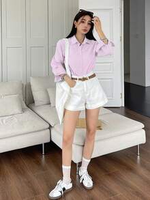 DAZY 女士条纹印花纽扣前开襟休闲长袖衬衫 - 淺粉色 - 查看 2