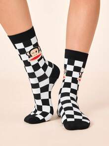 Paul Frank X SHEIN 2雙柔軟透氣吸濕排汗休閒中筒襪 時尚迷彩與棋盤格圖案 加強腳趾與腳跟耐穿 中性男女適用 全季節百搭 夏冬圖案襪 - 彩色 - 查看 7