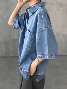 Blusa vaquera de mujer con bolsillo, hombros caídos y botones a media abertura, suelta para el verano - Azul - Ver 6