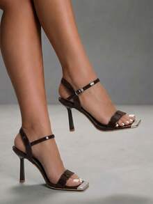 CUCCOO SZL Women's Coffee Color Square Toe High Heel Sandals, Rhinestone Metal Decor, Fashionable Sexy Elegant Party Ankle Strap Open Toe High Heels - Coffee Brown - View 6