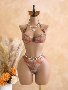 Bonvoyette Bộ bikini gợi cảm mùa xuân/hè, thích hợp đi biển, hẹn hò, nghỉ lễ, dự tiệc, làm từ vải in họa tiết, dành cho nữ. - màu nâu - Xem 8