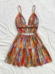 SHEIN PETITE CURVE 大码女式度假黑色碎花层叠下摆吊带背心和豹纹连衣裙 - 彩色 - 查看 5