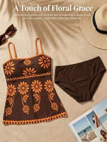 SHEIN Swim 两件套女士高弹绿色印花比基尼套装，包含印花抹胸上衣和纯色三角泳裤，优雅比基尼套装，适合春夏海滩派对 - 彩色 - 查看 5