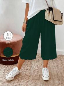 SHEIN PETITE CURVE 大码女式休闲抽绳腰针织七分裤 - 墨綠色 - 查看 1