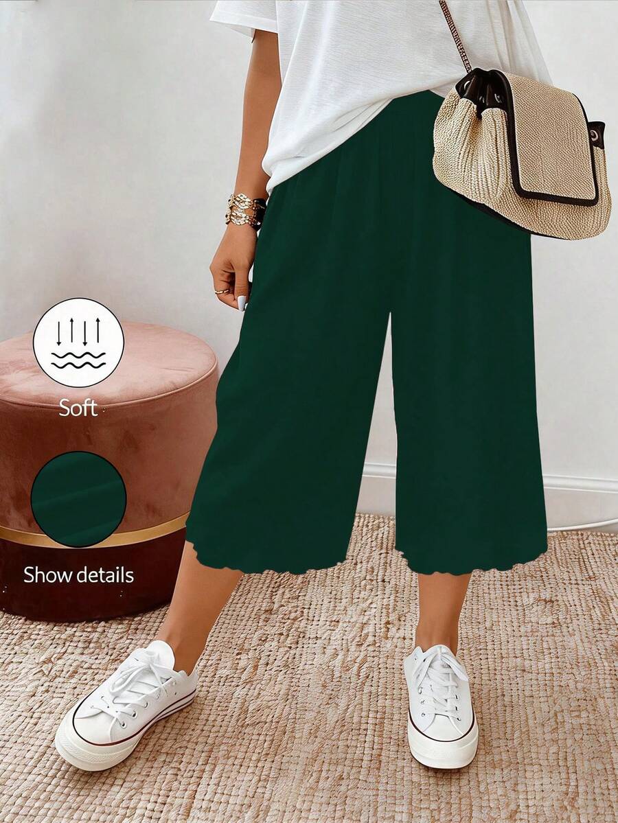 SHEIN PETITE CURVE 大码女式休闲抽绳腰针织七分裤 - 墨綠色 - 查看 1