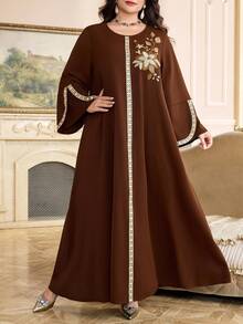 Al Najma Plus Size Women's Turkish Maxi Dress & Arabic Traditional Abaya Kaftan Jalabiya Dress - Coffee Brown - View 7