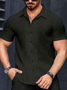 Manfinity Homme Plus Size Men's Simple Solid Color Front Button Short Sleeve Shirt, Summer - Black - View 4