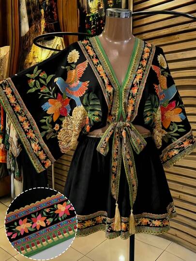 Franclia Plus Size Women V-Neck Bowknot Tie Tassel Nomadic Bird & Floral Print Color Block Elegant Vintage Casual Jumpsuit