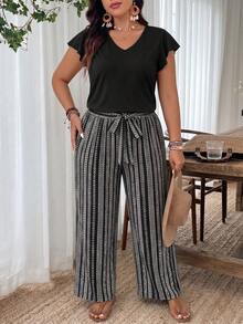 SHEIN Frenchy 2pcs Plus Size Women's Bohemian Black Solid Top And Black & White Striped Pattern Pants Set, Fashionable New Style, Suitable For Spring/Summer Outdoor Wear - Black - View 5