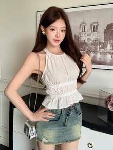 K-Vae New Arrival Spaghetti Strap Ruffle Cold Shoulder Cropped Top,Summer Top - White - View 7