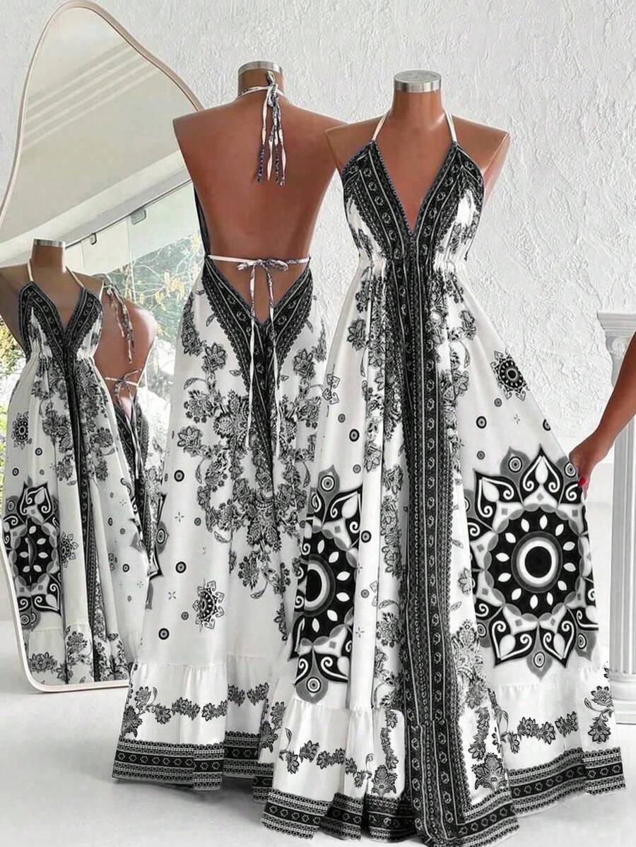 SHEIN Holidaya Vestido Azul e Branco com Estampa de Totem de Resort Tropical Halterneck Finas e Costas Abertas, Primavera/Verão - Preto e Branco - Visão 1