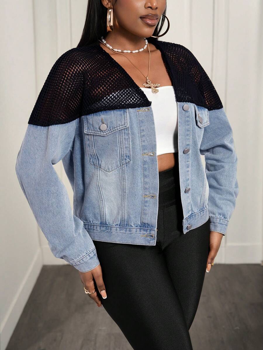 SHEIN Slayr Áo khoác denim dài tay nữ thời trang móc len, phối nhiều mảnh, có túi và cúc. - màu đen - Xem 1