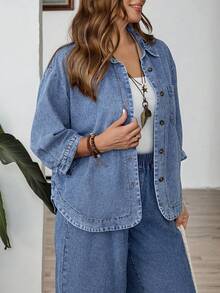 EMERY ROSE Mature Denim Plus Size Women's Solid Color Casual Long Sleeve Denim Blouse - Medium Wash - View 5