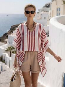 SHEIN Holidaya Holidaya 时尚女装店 2026 春夏度假沙滩派对休闲印花条纹宽松前短后长蝙蝠袖优雅上衣和短裤两件套 - 彩色 - 查看 4