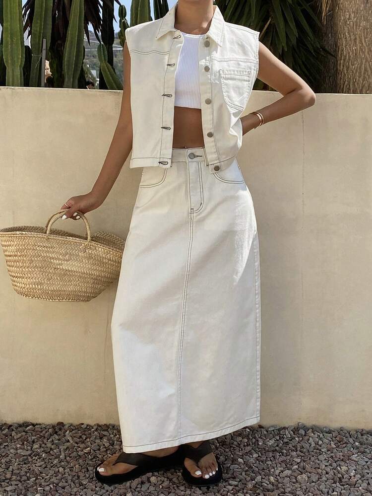 Women's Summer Casual Front Button Denim Vest And Denim Mini Skirt Set