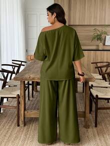 Weeklong Conjunto de 2 piezas de top holgado con cuello asimétrico estampado y pantalones rectos de talla grande para mujer, adecuado para vacaciones y uso diario, primavera/verano - Multicolor - Ver 2