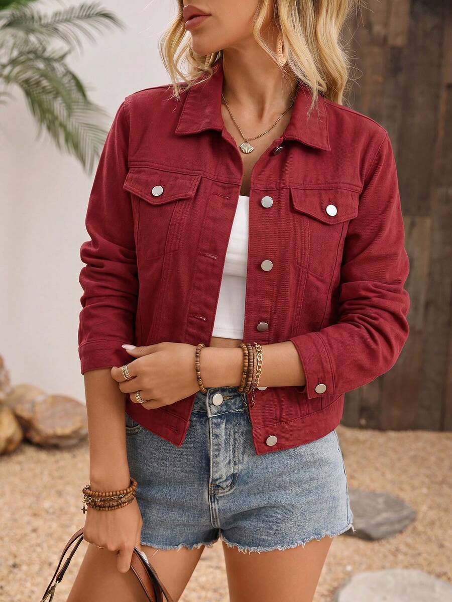 Áo khoác denim nữ một hàng cúc, kiểu dáng thường ngày, đa năng. - Đỏ - Xem 1