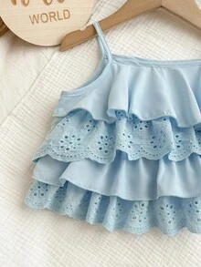 SHEIN 女宝宝可爱甜美百搭荷叶边吊带背心 - 淺藍色 - 查看 6