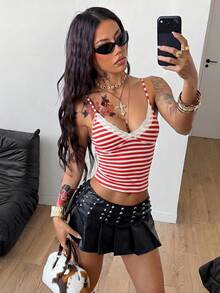 Coolane 女士秋冬四季基础款 Y2K 复古可爱日常穿搭撞色蕾丝蝴蝶结修身条纹背心 - 紅色 - 查看 4