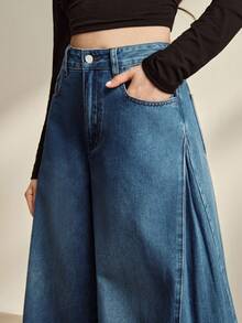 Quần jeans ống rộng màu xanh dương dành cho nữ, thiết kế xếp ly bên hông, phong cách thường ngày đi nghỉ mát. - Màu xanh lam - Xem 3