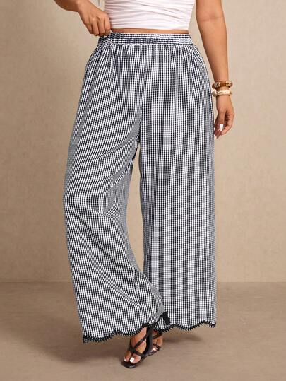Elaquor 大码女式格子褶皱休闲百搭阔腿裤，适合日常穿着