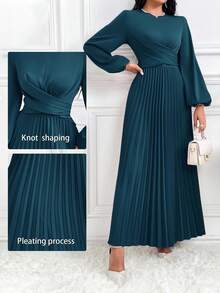 Modelyn Women's Elegant Cross Wrap Tie Back Lantern Sleeve Pleated Hem Modest Long Sleeve Arabian Dress, Solid Color Long Evening Dresses - Teal Blue - View 2
