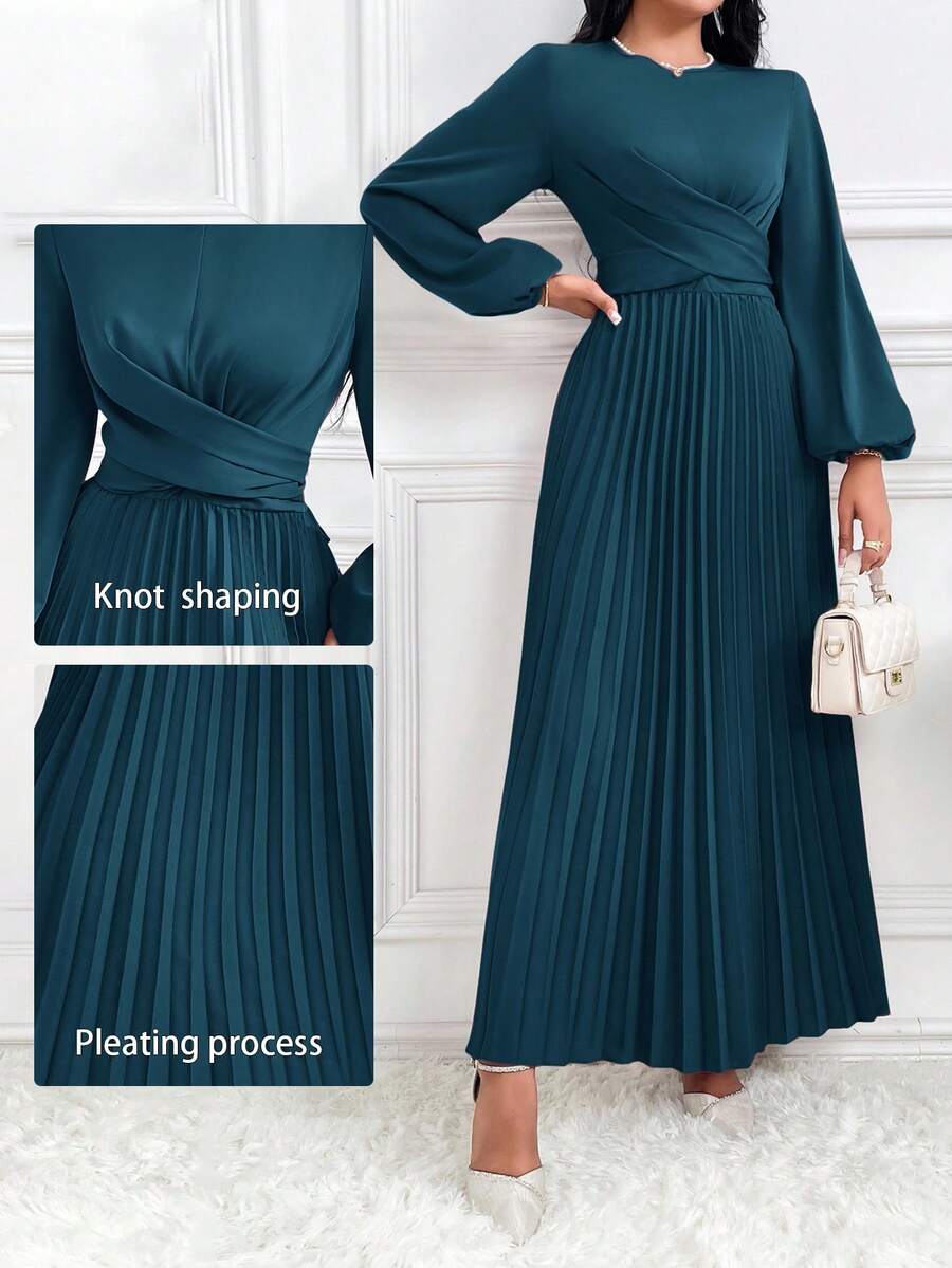 Modelyn Women's Elegant Cross Wrap Tie Back Lantern Sleeve Pleated Hem Modest Long Sleeve Arabian Dress, Solid Color Long Evening Dresses