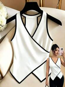 Resyla Women's Casual V-Neck Asymmetric Hem Tank Top - Black and White - View 8