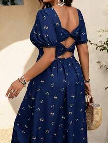 EMERY ROSE Plus Size Women's Vintage High Waist Ruffled Square Neck Backless Bowknot Floral Maxi Dress, Elegant For Spring/Summer Gym Brown - Navy Blue - View 1