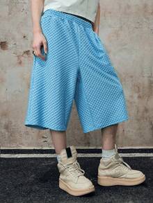 ROMWE MEN Street Life Quần short nam in họa tiết toàn thân, cạp chun, túi xéo, chất liệu vải sáng màu. - Màu xanh lam - Xem 6