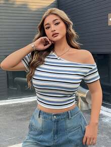 SHEIN EZwear 条纹彩色不对称肩短袖加大码T恤 - 彩色 - 查看 6