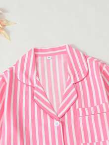 Joivida 2-Piece Long-Sleeved Sleepwear Set With Striped Prints, Lapel, And Button-Up Design For Casual Home Wear - Pink - View 6