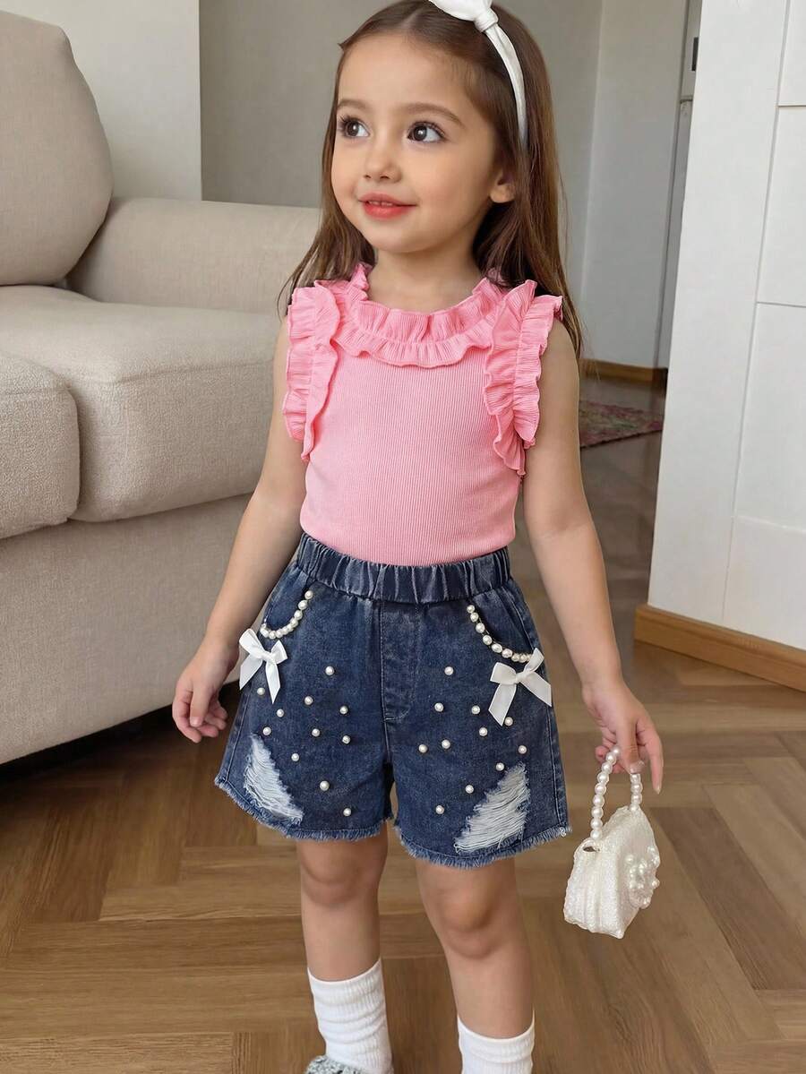 Elladie kids 女童（小号）两件套粉色罗纹荷叶边无袖上衣和牛仔铆钉短裤，夏季柔软优雅套装