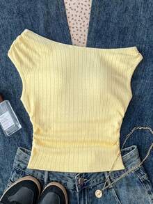 SHEIN Tween Girl Casual Tie-Up Flowy Fitted Light Yellow Textured Camisole Top - Yellow - View 1