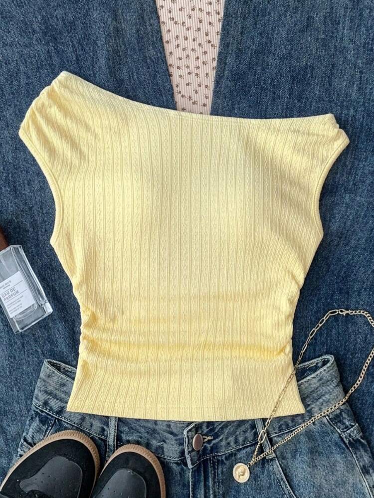 SHEIN 少女休闲系带宽松修身浅黄色纹理吊带背心 - 黃色 - 查看 1