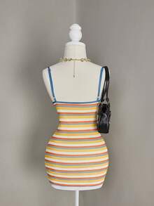 Bellisia Vestido de tirantes elegante con recogido en la cintura y diseño de patchwork a rayas para mujer, ideal para fiestas - Multicolor - Ver 2