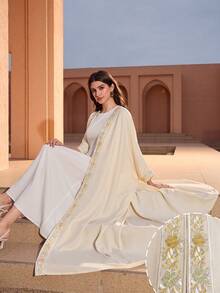 Graceveil Women's Elegant Floral Embroidery Splice Batwing Sleeve Loose Arabic Abaya Robe Kuwait Abaya Plus Size Filipiniana - Apricot - View 5