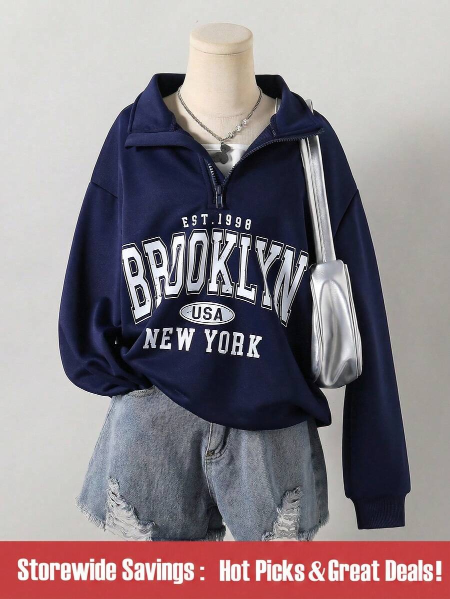 SHEIN 1件装少女圆领半拉链布鲁克林字母印花长袖套头卫衣，秋季款 - 寶藍色 - 查看 1