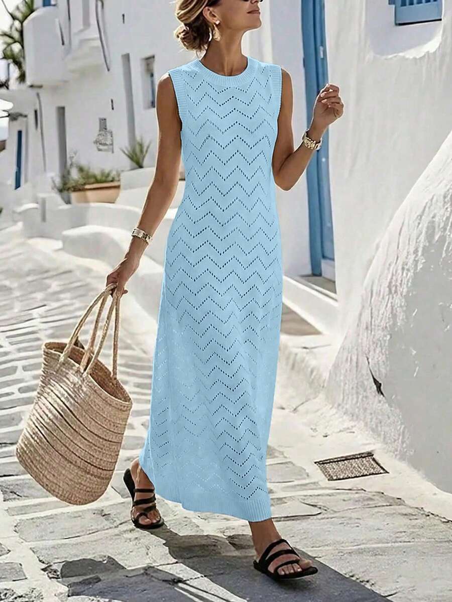 SHEIN Holidaya Áo khoác ngoài bikini dệt kim màu trơn gợi cảm khoét lỗ, thích hợp mặc đi biển. - Màu xanh nhạt - Xem 1
