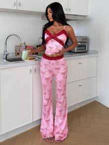 Women's Sweet Ins Contrast Color Bow Print Patchwork Criss-Cross Lace Bow Camisole And Flare Pants Sleepwear Set, Comfortable And Slimming - Pink - View 7