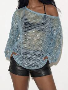 Femmeiva Hollow-Out Sequin Fashionable Pullover Sweater For Women - Baby Blue - View 3